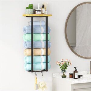 Towel Rack Wall Mounted Towel Storage, Metal Towel Holder w/ Bamboo Shelf, Black